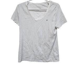Tommy Hilfiger Polka Dot Tee Large White Navy V Neck Cotton